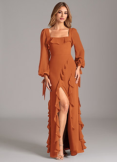 Azazie Malia Bridesmaid Dresses Cinnamon A-Line Long Sleeve Chiffon Dress image4