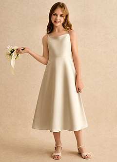 Azazie Jaella Girls Formal Blomsterpigekjoler A-Line Plisseret Mat satin Te-længde Kjole image2