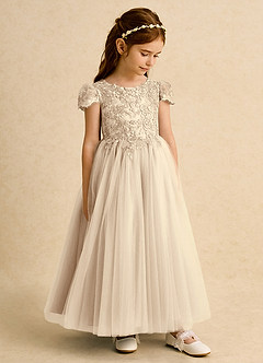 Azazie Puff Flower Girl Dresses Champagne Ball-Gown Lace Tulle Dress image4