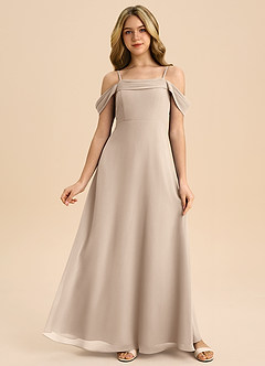 Azazie Anselie Junior Taupe A-Line Off the Shoulder Chiffon Dress image1