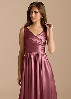 Azazie Keyla Bridesmaid Dresses Desert Rose A-Line Pleated Metallic Satin Dress image8