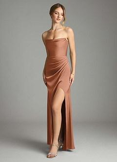 Azazie Leonis Bridesmaid Dresses Bronzer Mermaid Pleated Stretch Satin Convertible Dress image1