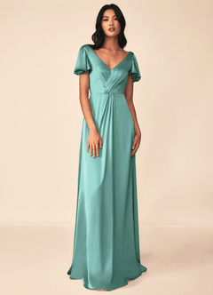 Azazie Soren Bridesmaid Dresses Aqua A-Line Pleated Stretch Satin Dress image4
