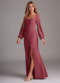 Azazie Charissa Bridesmaid Dresses Merlot Sheath Long Sleeve Chiffon Dress image4