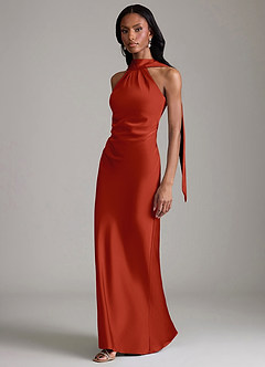 Azazie Cassiana Jurken voor bruidsmeisjes Jurk van Stretch Satijn met Zeemeermin Geplooid Roest image5