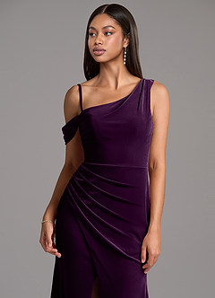 Azazie Madelyn Bridesmaid Dresses Grape Sheath One Shoulder Velvet Dress image2