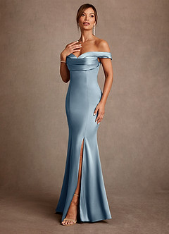 Azazie Boone Abiti per la Madre della Sposa Abito Sirena in Raso Elasticizzato a Spalla Scoperta Blu Polveroso image4