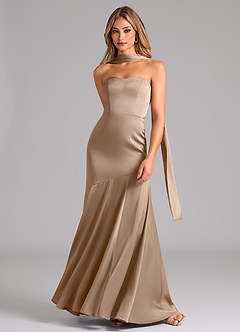 Azazie Shiloh Brautjungfernkleider Wandelbar Meerjungfrau-Linie Schulterfrei Stretch-Satin Kleid Taupe image4