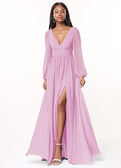 Azazie Norah Bridesmaid Dresses Candy Pink A-Line V-Neck Long Sleeve Chiffon Dress image1