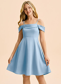 Azazie Anselie Junior Powder Blue A-Line Off the Shoulder Stretch Satin Dress image5