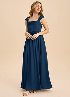 Azazie Hattie Junior Abito A-Line in Raso Elasticizzato Plissettato Marino Scuro image1