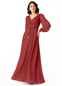 Azazie Sage Final Sale Cabernet A-Line Long Sleeve Chiffon Dress image3