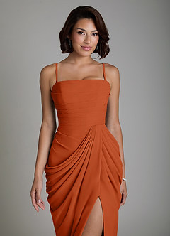 Azazie Nyra Vestidos de damas de honor Vestido Naranja Quemada de Gasa de Corte Recto con Corsé image3