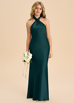 Azazie Chickie Junior Pine Sheath Pleated Stretch Satin Dress image3