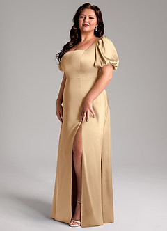 Azazie Fyona Bridesmaid Dresses Champagne A-Line Pleated Stretch Satin Dress image10