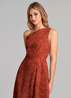 Azazie Phaedra Robes de demoiselle d'honneur Robe Trapèze en Blumen-Burnout Une épaule Terracotta image7