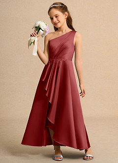 Azazie Taffy Girls Formal Robe Demoiselle D'honneur Fillette Robe Trapèze en Mat Satiné Dentelle Rouille image3