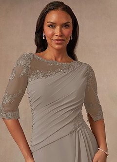 Azazie Dionysus Mother of the Bride Dresses Taupe A-Line Boatneck Lace Chiffon Dress image4