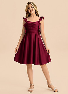 Azazie Kira Junior Burgundy A-Line Ruched Stretch Satin Dress image6