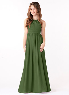 Azazie Jaylah Junior A-Linie Gestreift Chiffon Kleid Olivgrün image2