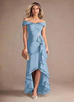Azazie Billings Mother of the Bride Dresses Powder Blue Mermaid Off the Shoulder Stretch Satin Dress image1