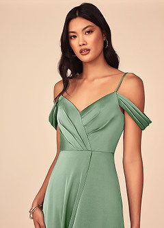 Azazie Ocean Brautjungfernkleider A-Linie V-Hals Gefaltet Stretch-Satin Kleid Matcha image4