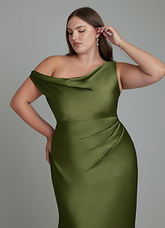 Azazie Emerson Jurken voor bruidsmeisjes Jurk van Stretch Satijn met Zeemeermin Off-shoulder Olijf image5