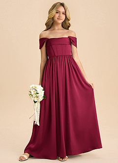 Azazie Hattie Junior Abito A-Line in Raso Elasticizzato Plissettato Borgogna image3