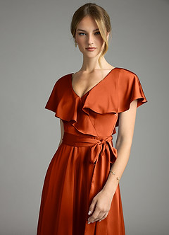 Azazie Lainey Bridesmaid Dresses Paprika A-Line with Pockets Stretch Satin Dress image6