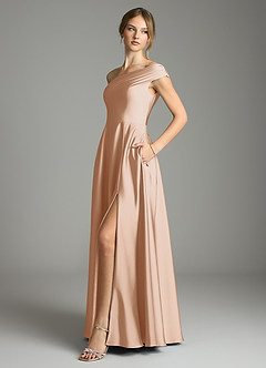 Azazie Melanie Suknie dla druhen Linia A Zza ramienia Satyna elastyczna Do ziemi Sukienka image4