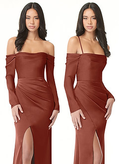 Azazie Hallie Bridesmaid Dresses Auburn Sheath Off-The-Shoulder Long Sleeve Stretch Satin Convertible Dress image9
