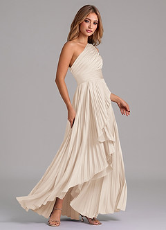 Azazie Lyrica 신부 들러리 드레스 A라인 한쪽 어깨 스트레치 새틴 비대칭 드레스 image2