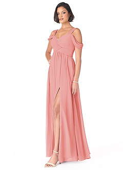 Azazie Lianne Bridesmaid Dresses Coral A-Line Off the Shoulder Chiffon Dress image3