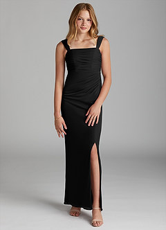 Azazie Jesaphine Junior Black Sheath Pleated Stretch Chiffon Dress image1
