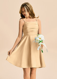 Azazie Miko Junior Gold A-Line Pleated Stretch Satin Dress image4