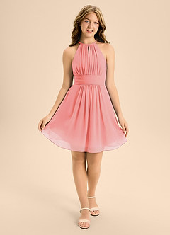 Azazie Bonnie Junior Coral A-Line Pleated Chiffon Dress image1