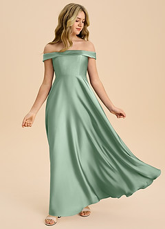 Azazie Sissy Junior Abito A-Line in Raso Elasticizzato a Spalla Scoperta Agave image5