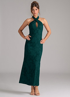 Azazie Marlissa Bridesmaid Dresses Pine Sheath Pleated Floral Burnout Dress image1