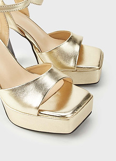 front Metallic Faux Leather Platform Heels