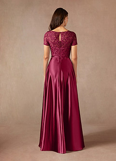 Azazie Adina Mother of the Bride Dresses Burgundy A-Line Lace Metallic Satin Dress image4