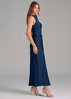 Azazie Evadne Vestidos de damas de honor Vestido de Azul Marino Oscuro de Satén Elástico de Corte Recto con Plisado image4