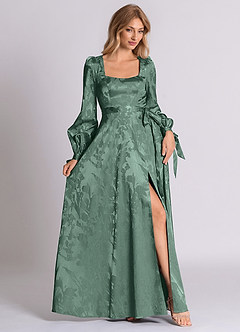 Azazie Leonia 신부 들러리 드레스 A라인 긴팔 자카드 바닥 길이 드레스 image4