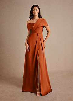 Azazie Milton Vestidos para mãe da noiva Vestido Laranja Queimada de Cetim elástico de Linha A com Plissado image5