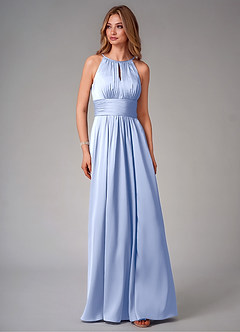 Azazie Bonnie At-home Try On Dresses Dusty Blue A-Line Pleated Stretch Satin Dress image6