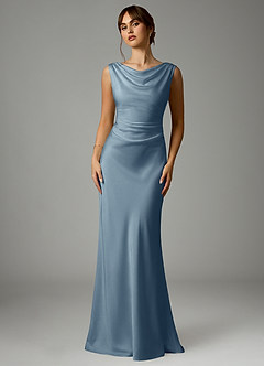 Azazie Kieryn Robes de demoiselle d'honneur Robe Sirène en Satin extensible Plissée Bleu Poussiéreux image1