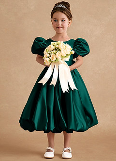 Azazie Jellybean Flower Girl Dresses Pine Ball-Gown Ruched Matte Satin Dress image3