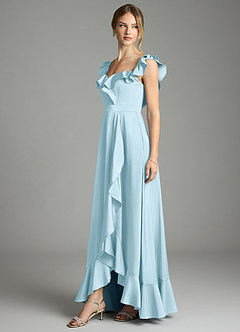 Azazie Lyra Bridesmaid Dresses Sky Blue A-Line Off the Shoulder Stretch Satin Convertible Dress image4