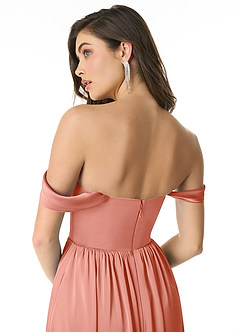 Azazie Morana Bridesmaid Dresses Coral A-Line Off the Shoulder Stretch Satin Convertible Dress image9