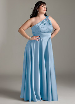 Azazie Charlize Abiti da Damigella Abito A-Line in Raso Elasticizzato Monospalla Azzurro Polvere image12