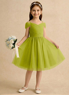 Azazie Lila Girls Formal Robe Demoiselle D'honneur Fillette Robe Trapèze en Tulle Épaule décolletée Citronnelle image4